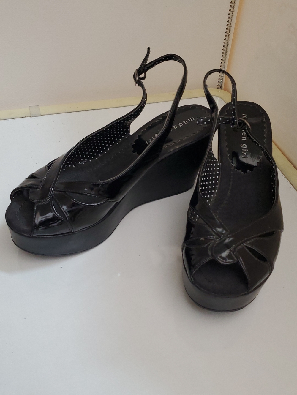 Madden Girl Black Patent Wedge Slingback Sandals
